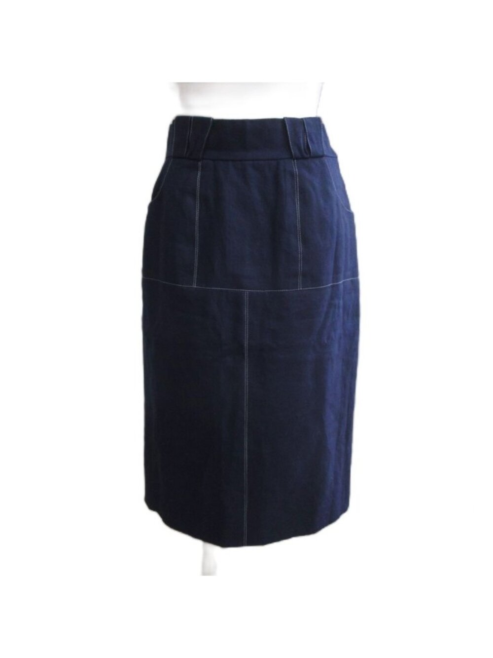 Hermes Vintage Linen Pencil Skirt Stitch Design Navy 40